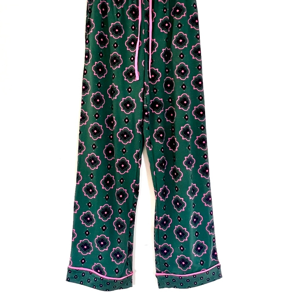 Room Service Coat Style Pajama Set Emerald Green Pink Cozy Holidays Wicked XS - Picture 12 of 14
